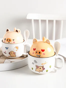 500ML Ceramice de Desene animate Drăguț Câine, Pisică, Porc, Cafea, Ceai, Suc de Cană de Apă de mic Dejun Lapte Cupa Cu Capac Lingura Cuplu de Prieteni Cupa Drinkware