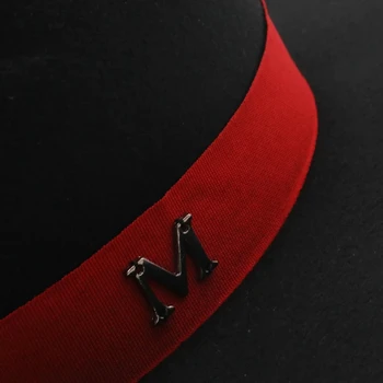 Moda Exterior Negru, Interior roșu de Lână Simțit Jazz Pălării Fedora cu Curea Subțire Catarama Bărbați Femei Margine Largă Panama Trilby Capac 56-58CM