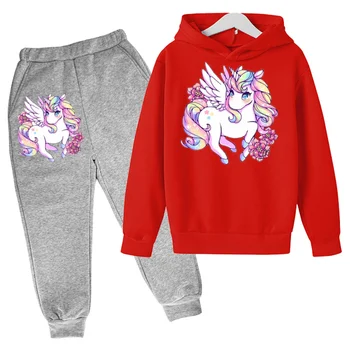 Toamna Iarna Nou Unicorn Roz Pentru Fete Hanorac Costum de Bumbac Top+Pantaloni 2P Mișcare Seturi de Îmbrăcăminte Ține de Cald pentru Copii Haine Baieti