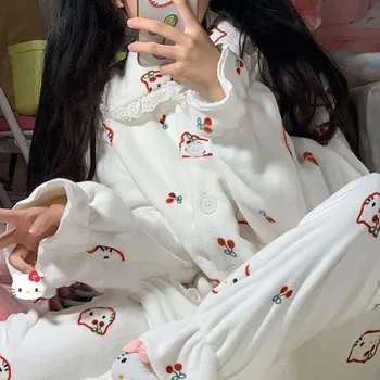 Kawaii Sanrio Hello Kittys Pijama Pantaloni de Toamna Femei Pijama Pantaloni Y2K Haine Dulce Moale Pantaloni Femei Pluș Moale Pantaloni